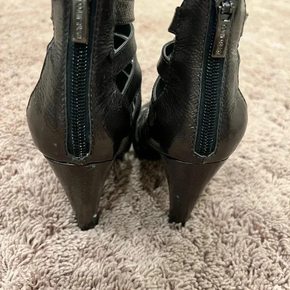 Colin Stewart 6.5 strappy high heel sandals booties brown gray patent leather